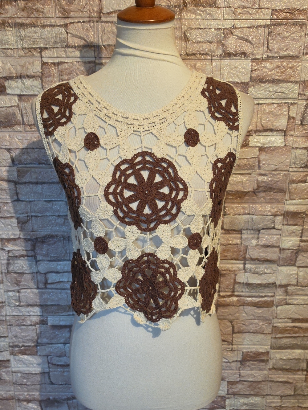 Rebellion  Crochet Lace Overlay Crop Top - Cream & Brown